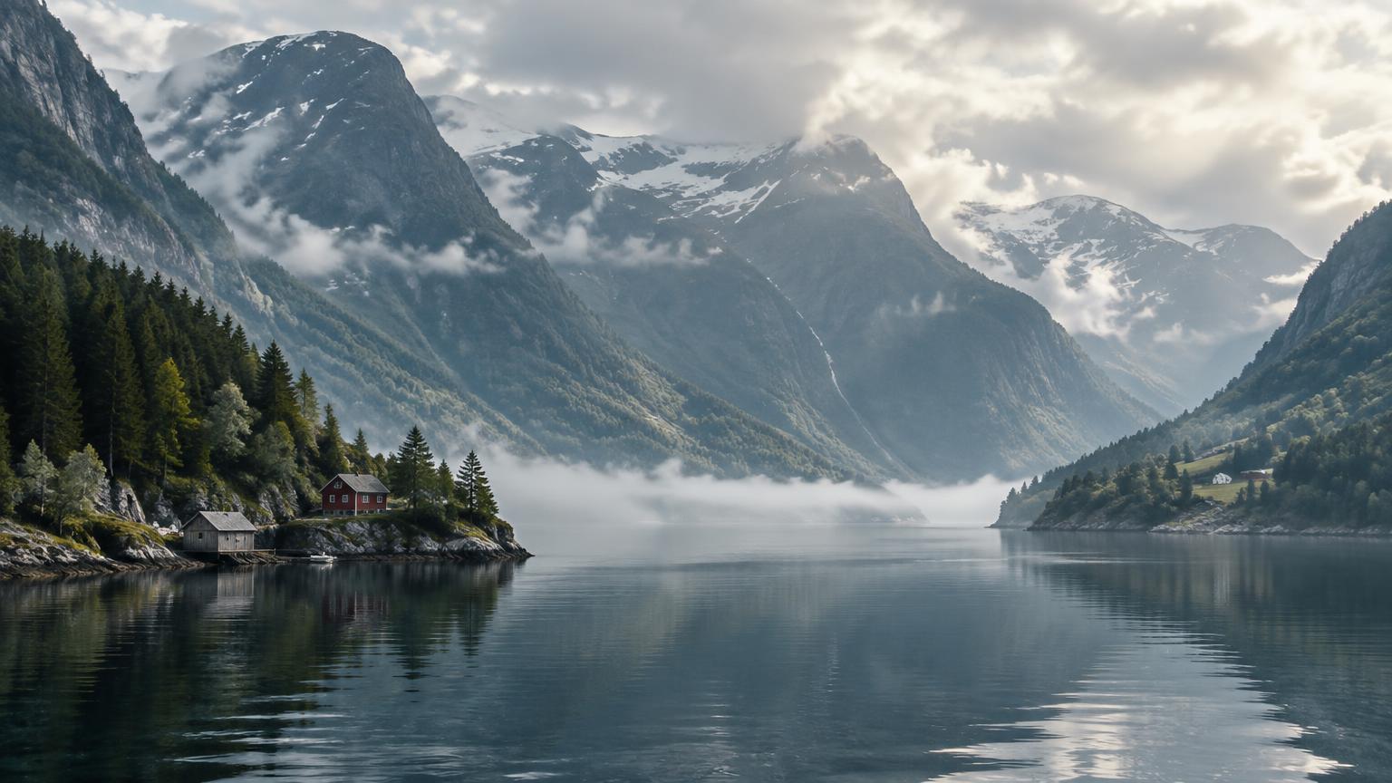 Mist drifting over a still Scandinavian fjord