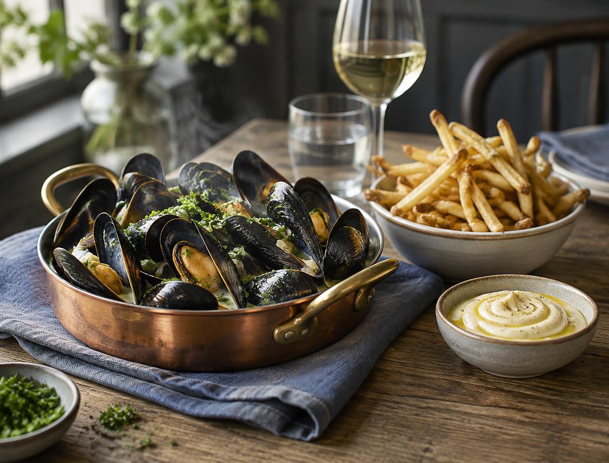 Mussels marinière with chips and aioli
