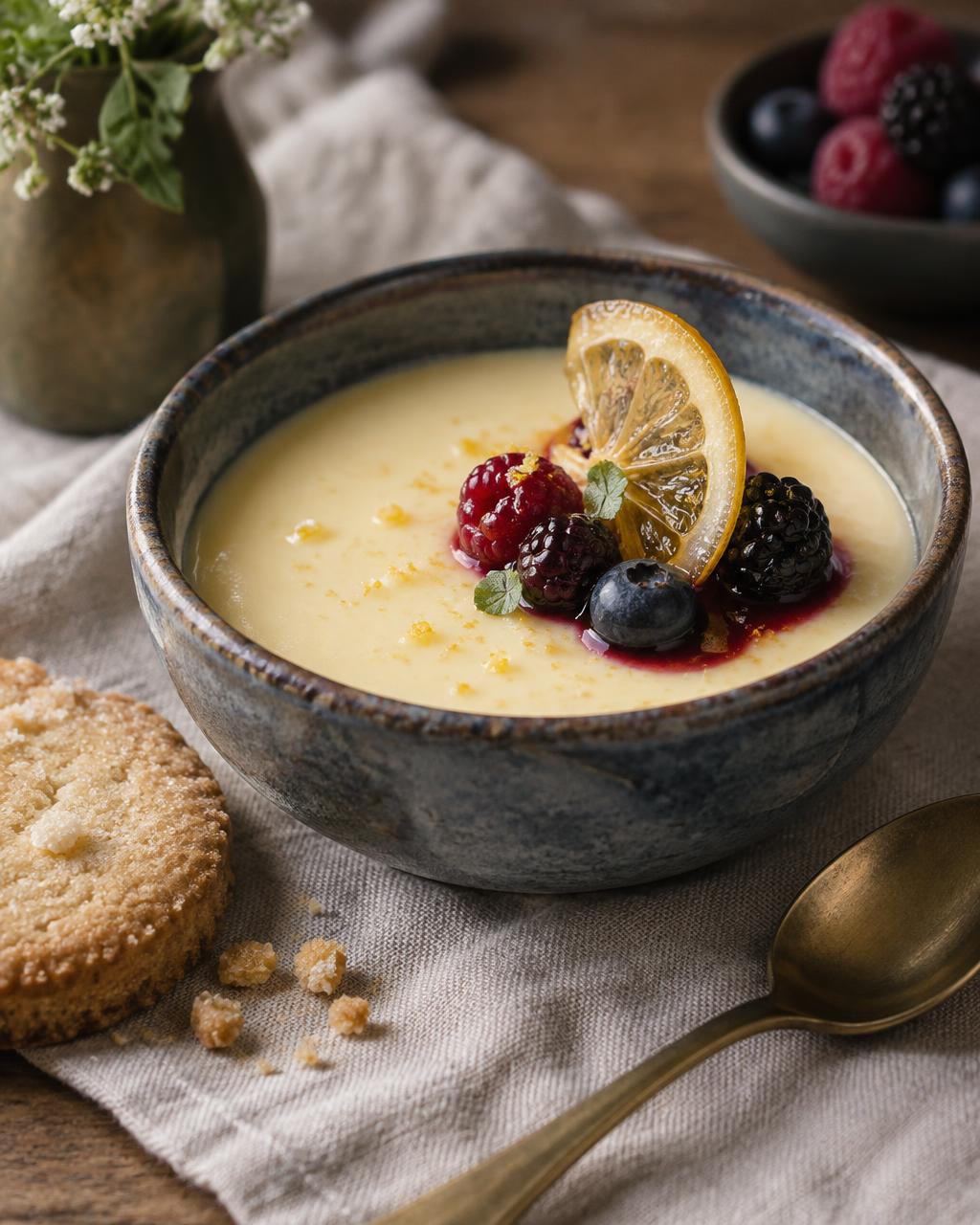 Lemon posset with berries and shortbread