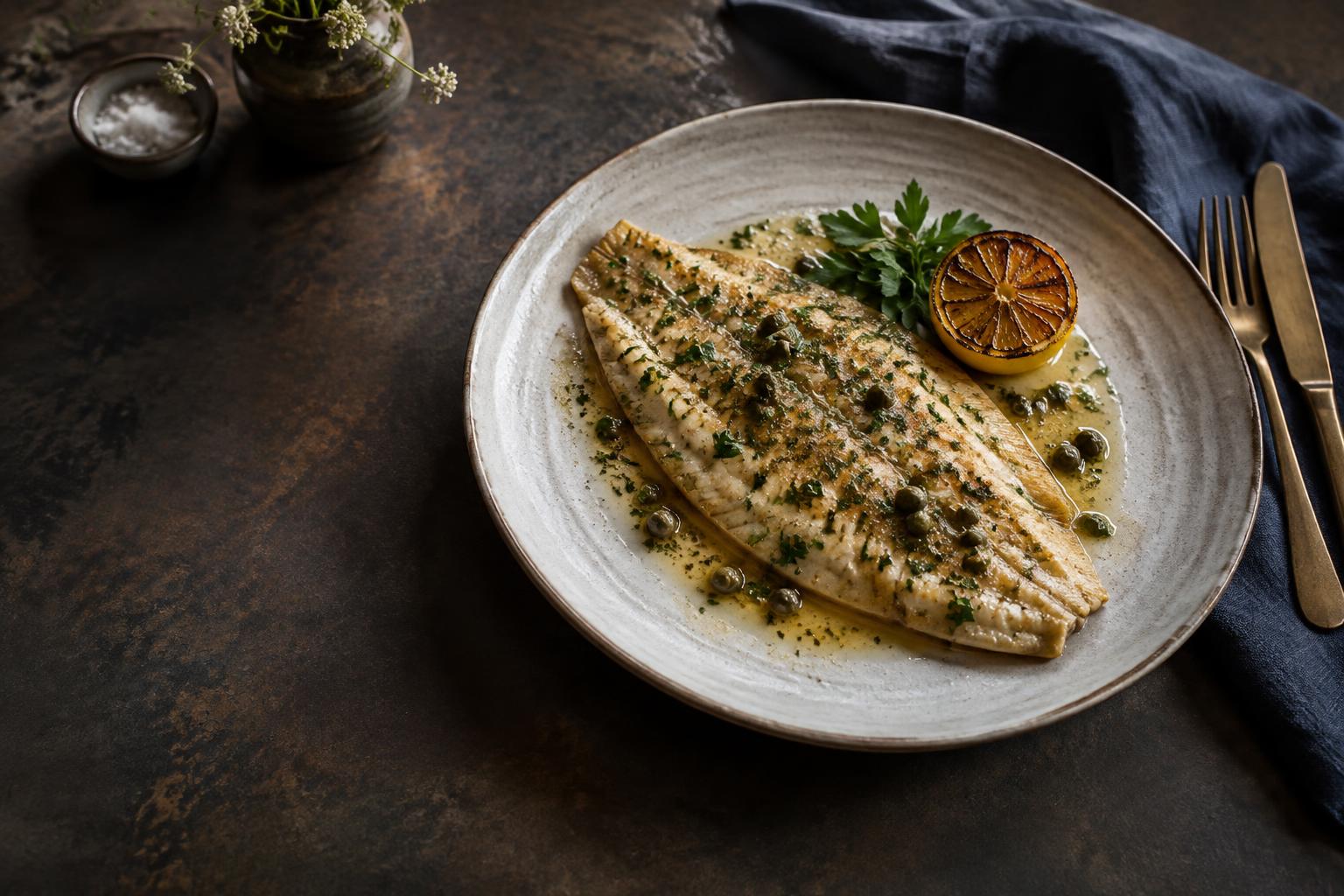 Lemon sole with browned butter, capers and charred lemon